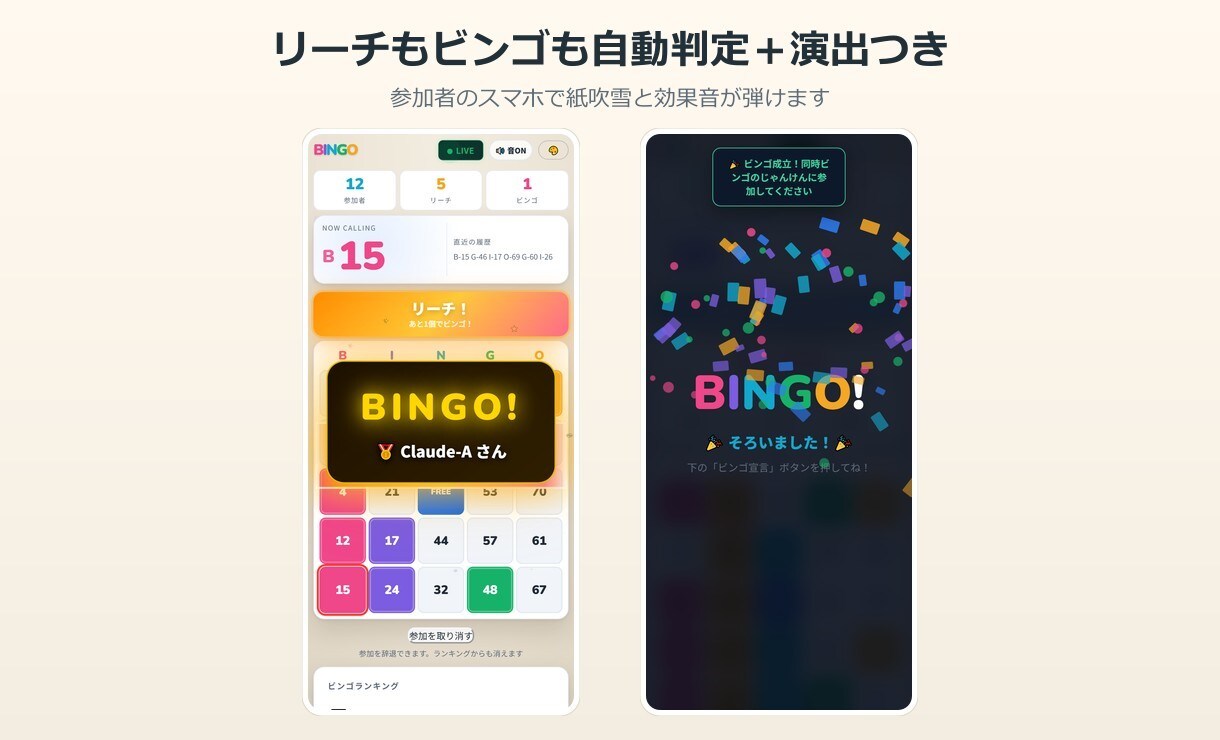 宴会用のオンラインビンゴをレンタルします アプリ不要・スマホで開くだけ。効果音と自動順位で盛り上がる イメージ4