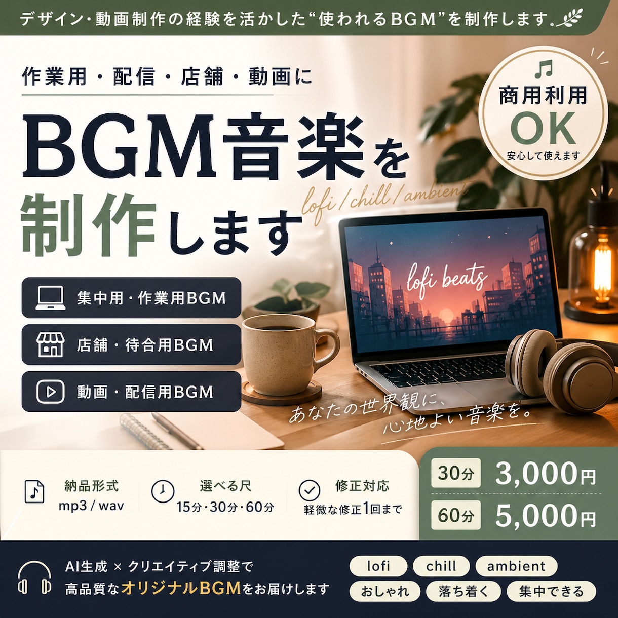 配信・店舗用高品質lofi/BGMを制作します YouTubeや各種配信、店舗用BGMなどに！ イメージ1