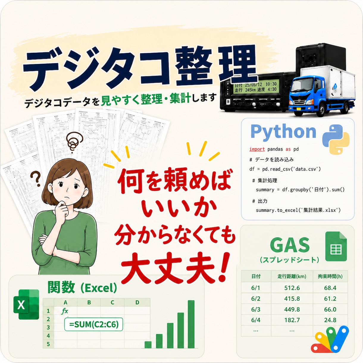 物流・運送のデジタコデータを整理・集計します 業務効率化を、Excelを中心に使いやすい方法でご提案 イメージ1
