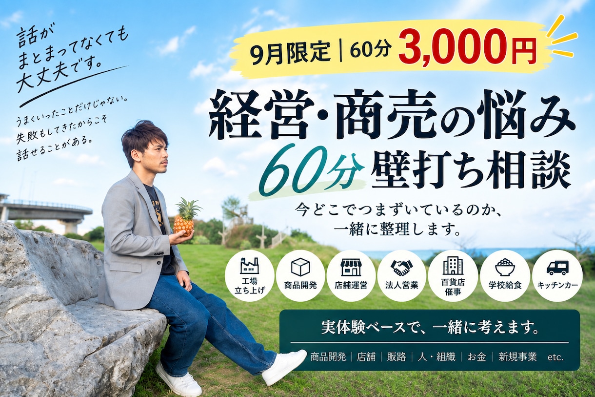 経営・商売の悩みを一緒に整理します 話がまとまってなくてもOK。実体験ベースで壁打ちします。 イメージ1
