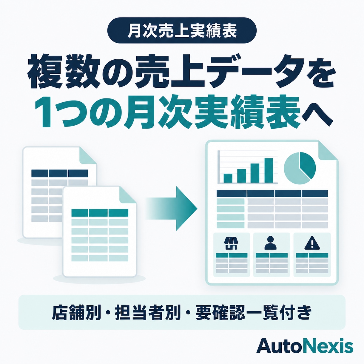 複数の売上データを月次実績表にまとめます 複数ファイルを月次実績表と確認一覧へ イメージ1