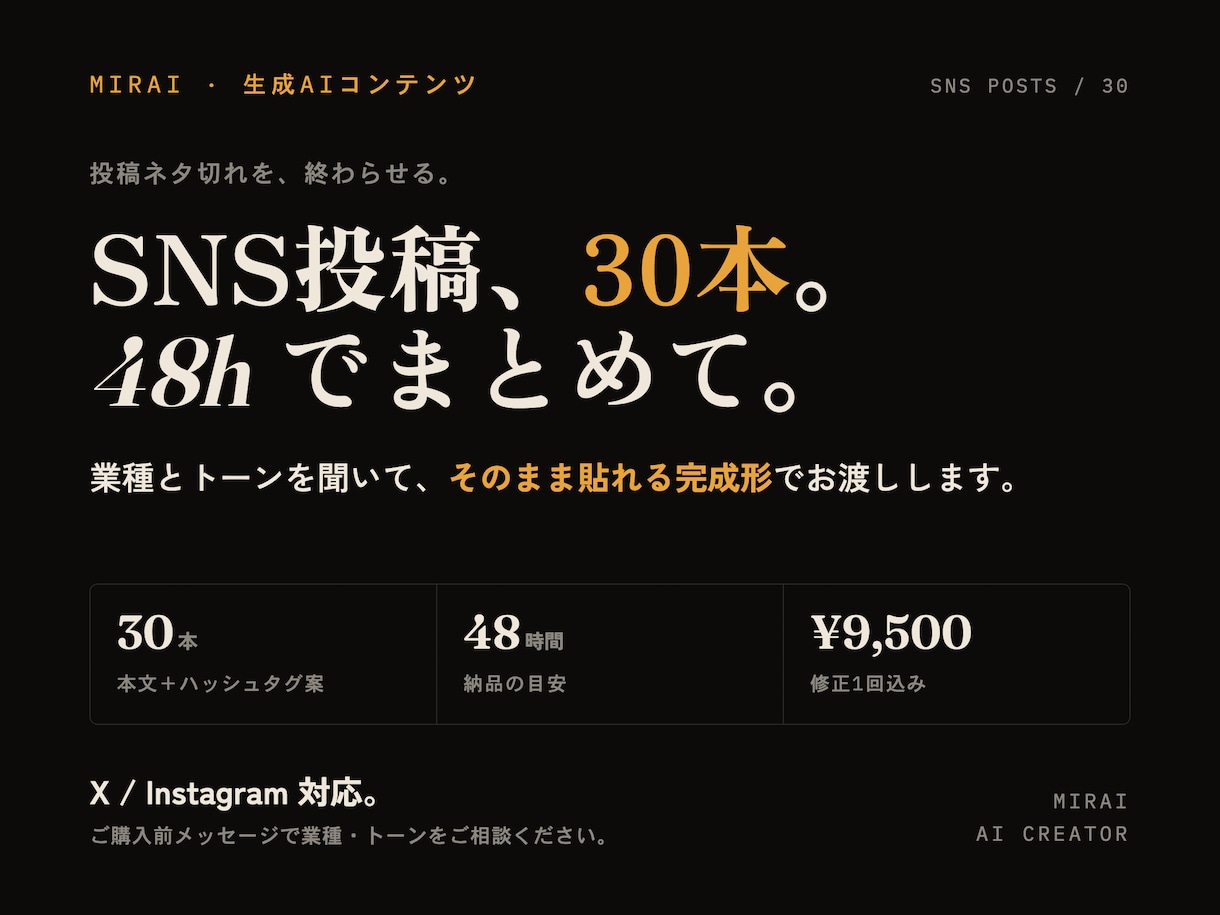 業種別SNS投稿30本を48時間で作成します 投稿ネタと文章をまとめて用意し継続負担を軽減 イメージ1