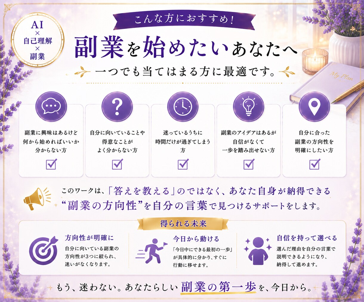 AI×自己理解診断で向いてる副業と一歩を導 きます AI初心者OK。コピペと質問に答えるだけ で進みます。 イメージ8