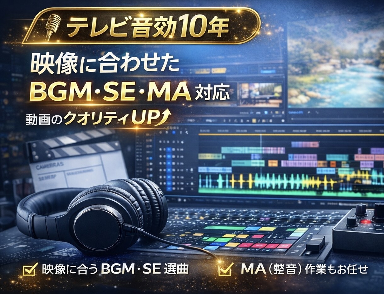 動画(企業、広告、番組、アニメ)のBGM選曲します 映像に合うBGMや効果音を選び動画のクオリティをUPします！ イメージ1
