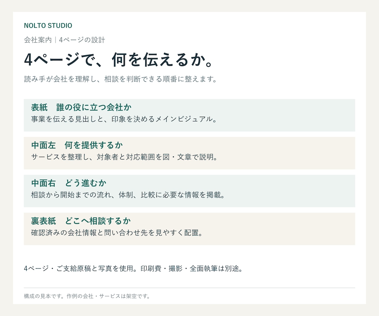 原稿と写真から会社案内4ページを制作します 構成整理・修正3回。印刷用PDFと編集用ai付き イメージ4