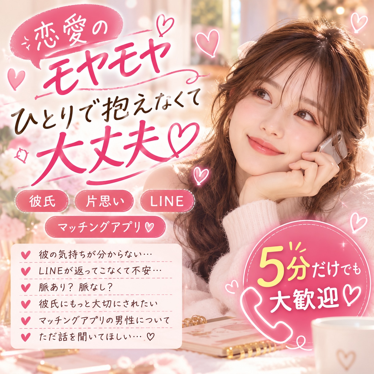 追いかける恋に疲れたあなたの恋愛相談聞きます 愛される恋愛がしたいあなたへ♡どんな小さなモヤモヤも聞きます イメージ1