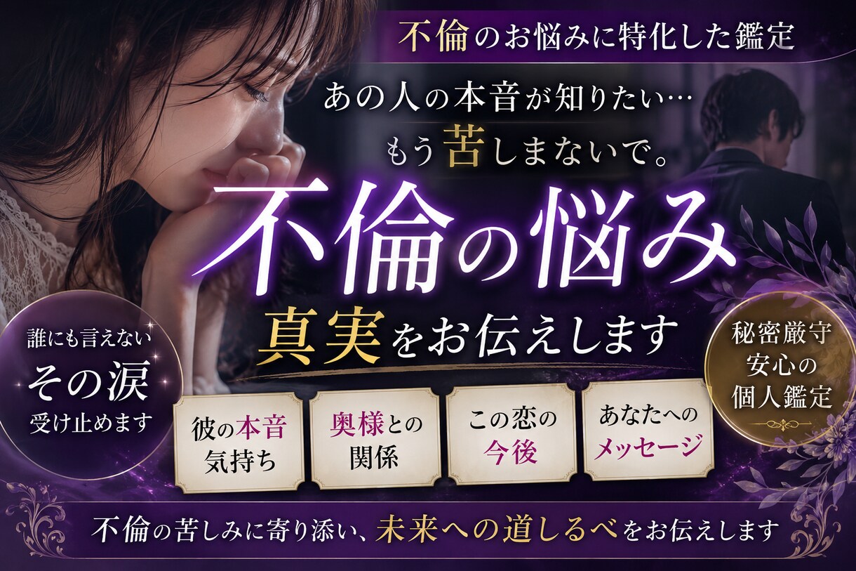 誰にも言えない不倫のお悩みをお聞きします 誰にも言えない恋だからこそ、心を軽くする時間を イメージ1