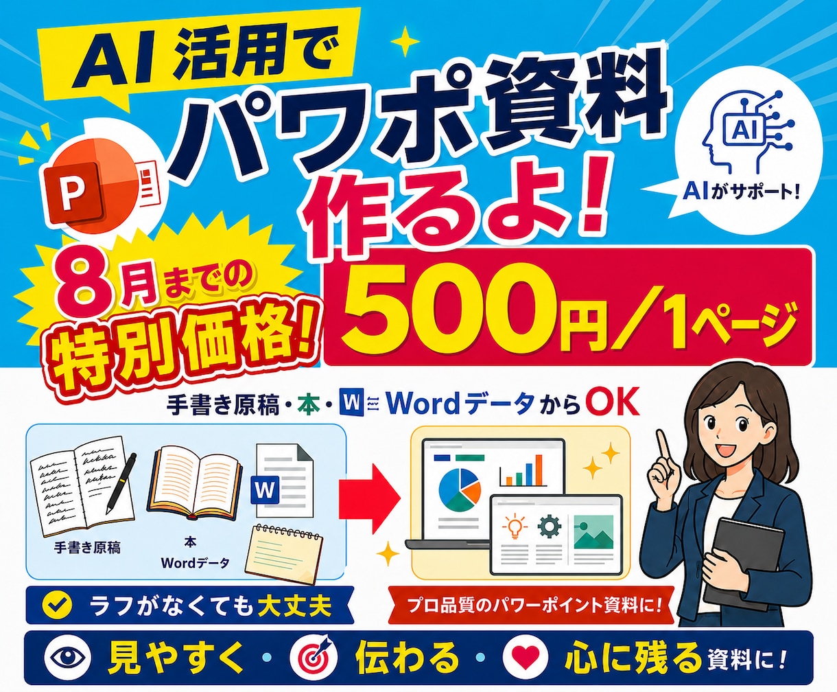 伝わるPowerPoint資料を低価格で制作します 500円/ページ　8月末までの限定お試し価格で イメージ1
