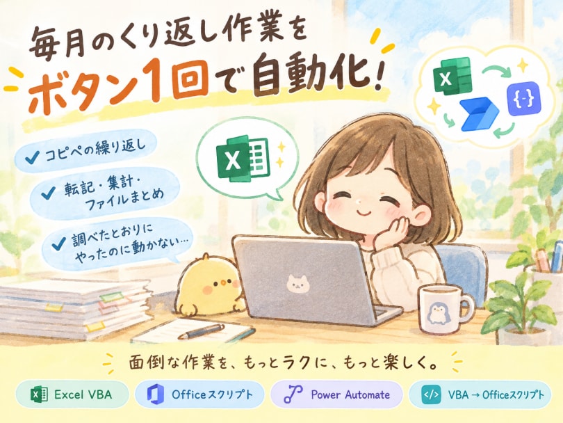 毎月くり返すExcel作業を、ボタン1回にします 事務職の「毎回これ…」を、同じ事務職が自動化します イメージ1