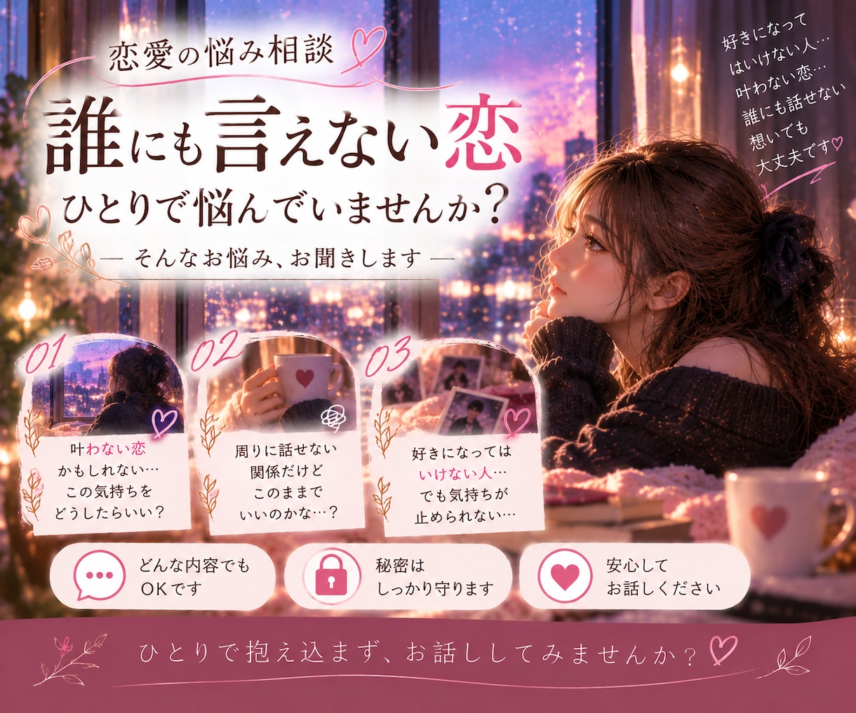誰にも言えない恋の悩みを優しくお聞きします 秘密の恋、複雑な関係…誰にも話せない気持ちを聞きます イメージ1