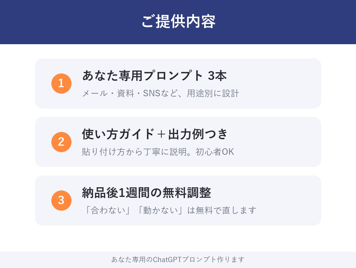 あなた専用のChatGPTプロンプト3本作ります 仕事に合わせた「使えるAI指示文」を設計してお届けします イメージ5