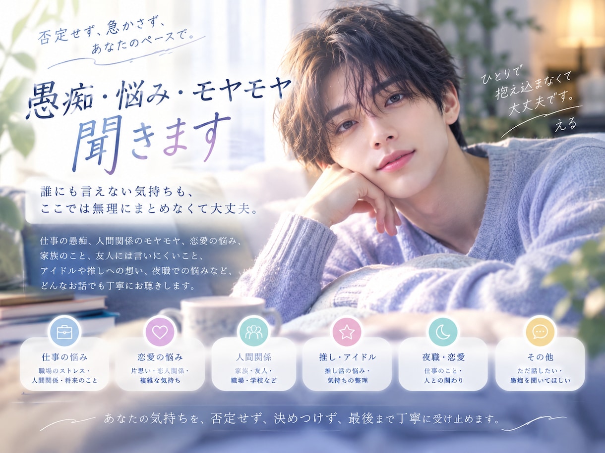 否定せずじっくり傾聴｜愚痴・悩み・モヤモヤ聞きます 誰にも言えない気持ちをあなたのペースで否定せずお聞きします。 イメージ1