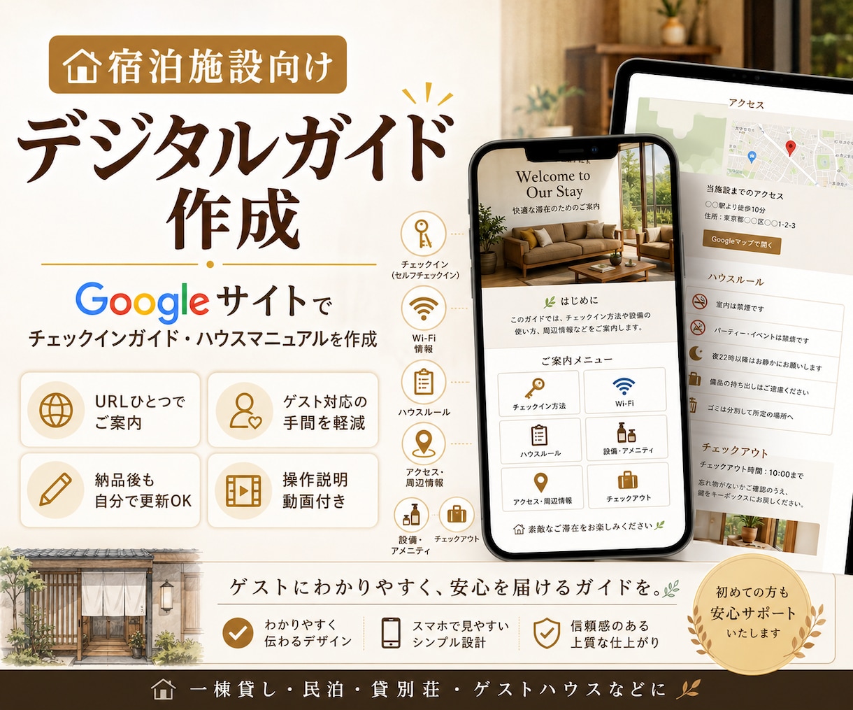 宿泊施設のゲスト向けデジタルガイドを作ります チェックインガイド・ハウスマニュアルをスマホで見やすく！ イメージ1