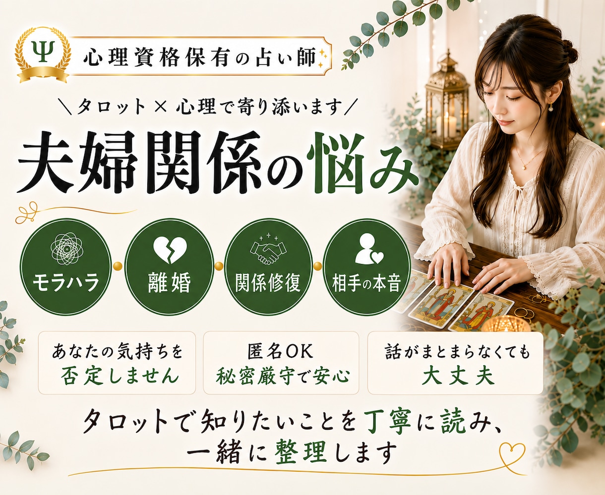 夫婦関係｜離婚・関係修復・モラハラの悩みを占います 相手の本音や今後の流れを読み解き、これからを考えるお手伝い イメージ1