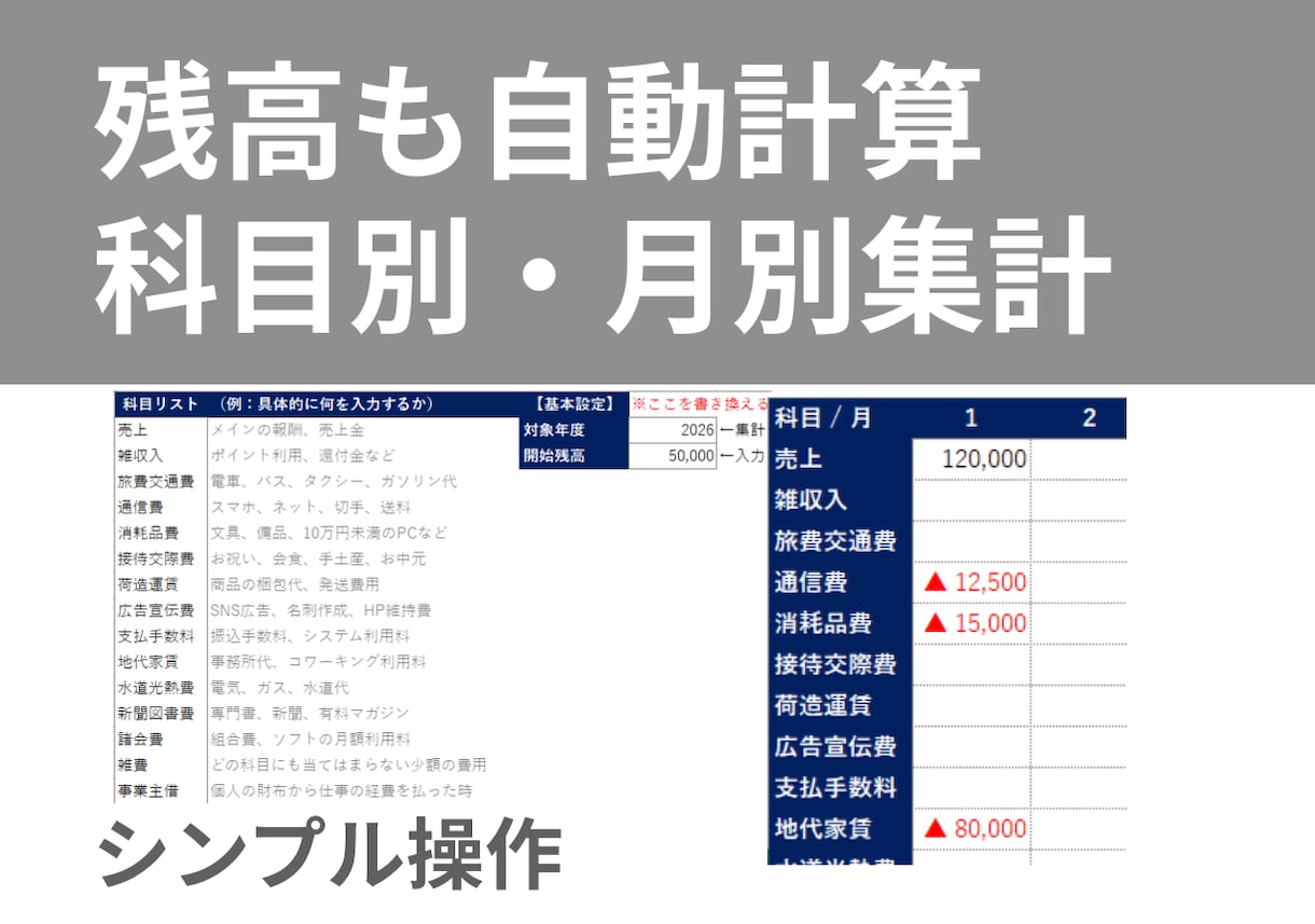 副業の収支を簡単管理できるExcel表を提供します 入力するだけで残高と月別収支を自動集計 イメージ2