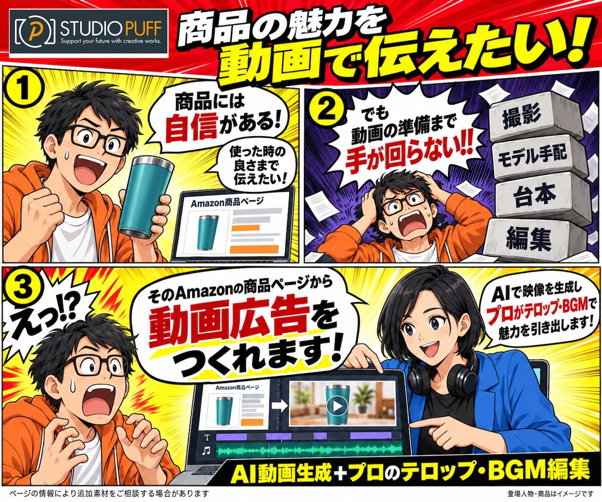 商品ページを送るだけでプロが動画広告を制作します AmazonやSNSで商品の魅力を伝えて売上アップをサポート イメージ2