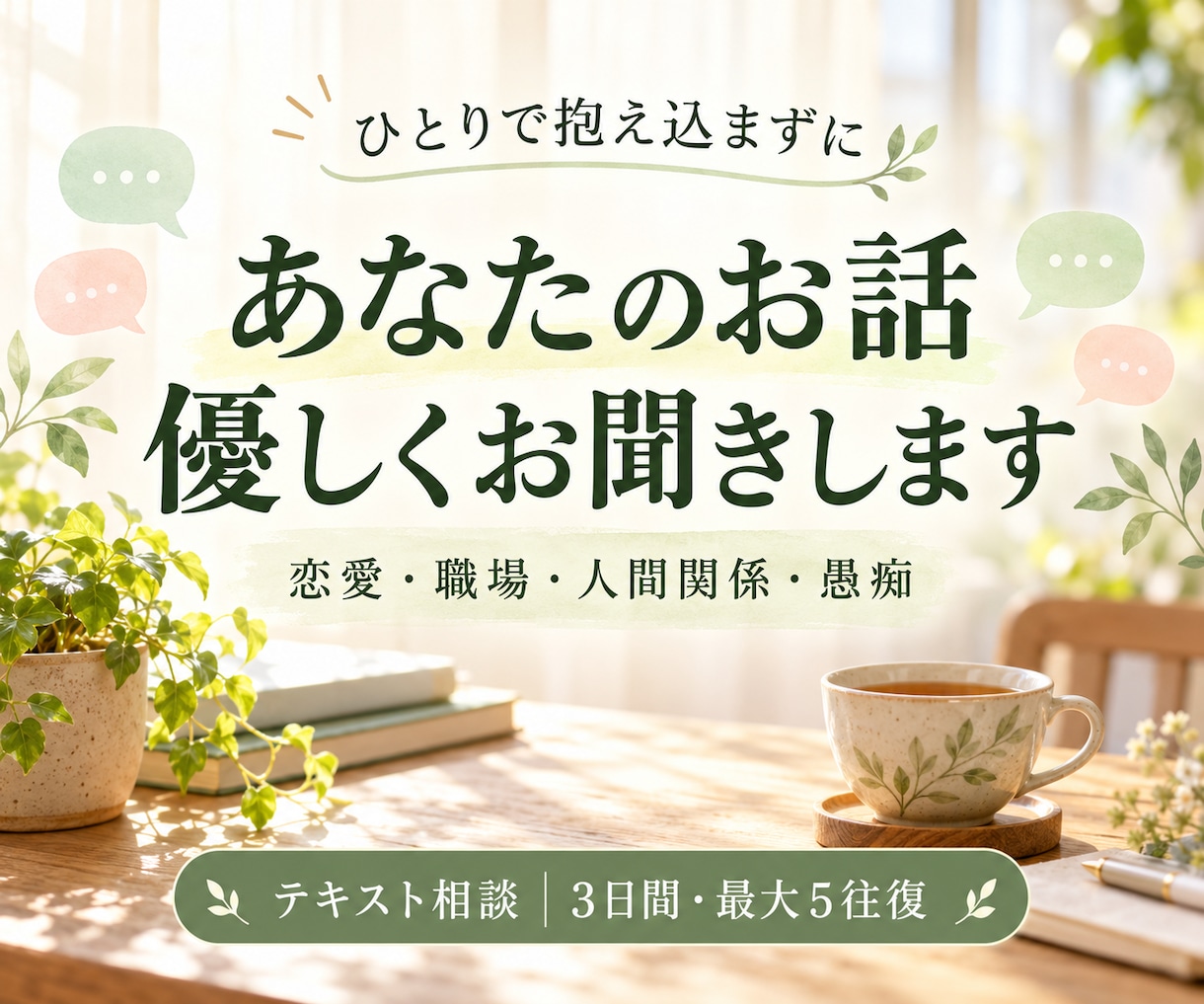 恋愛・職場・人間関係の悩みを優しくお聞きします 誰にも言えない気持ち、無理せず話してください イメージ1