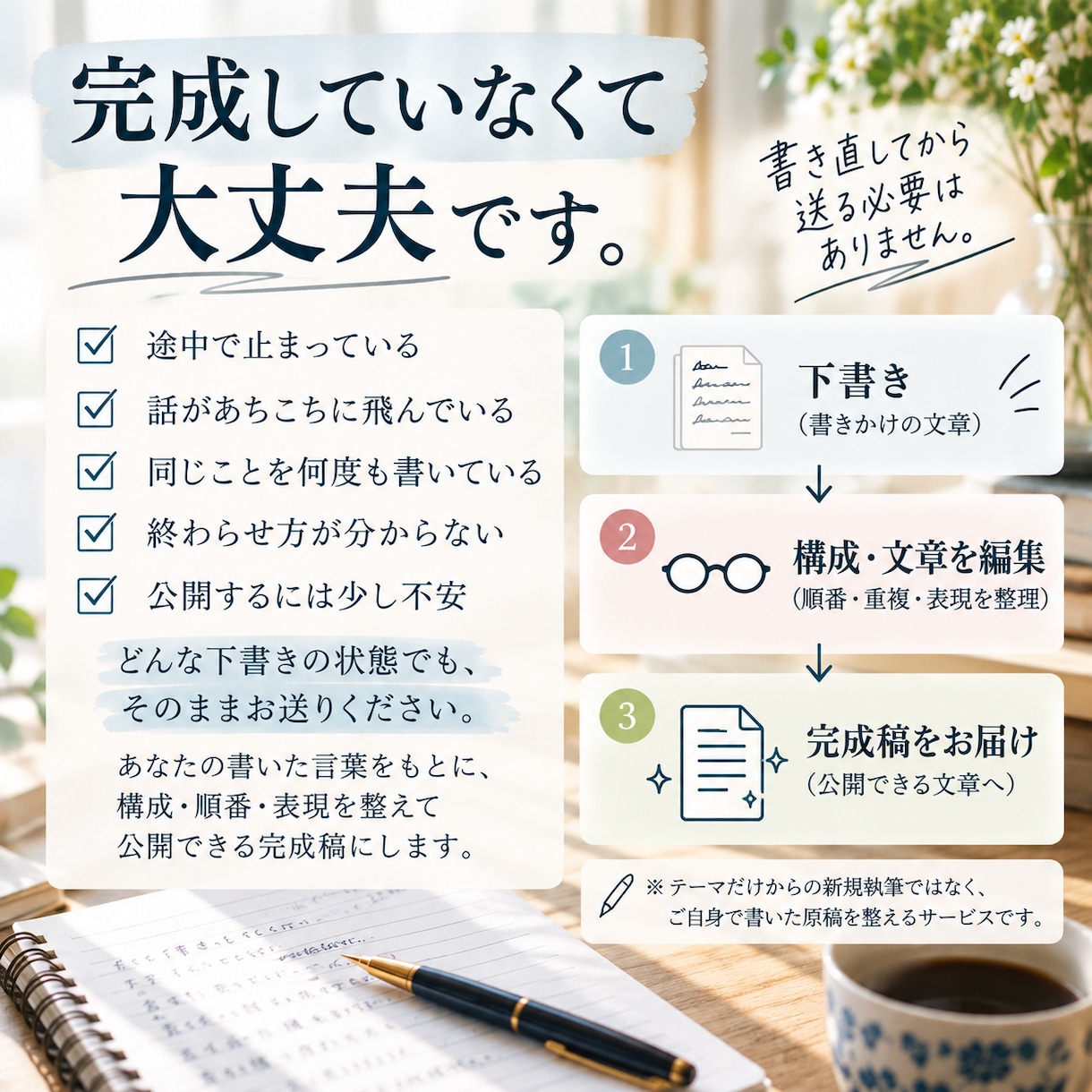 書きかけの文章を完成稿まで整えます あなたの言葉を残して、読める形まで仕上げます イメージ3