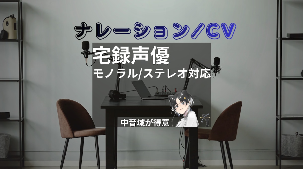 ナレーション／キャラボイスを宅録で収録します 中音域を中心とした、自然な声を得意としています。 イメージ1