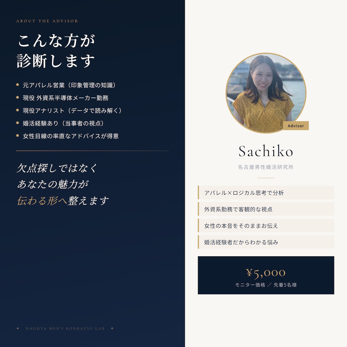 女性目線であなたの婚活診断レポートを作成します 元アパレル営業・現役外資系アナリストが女性目線で診断します！ イメージ2