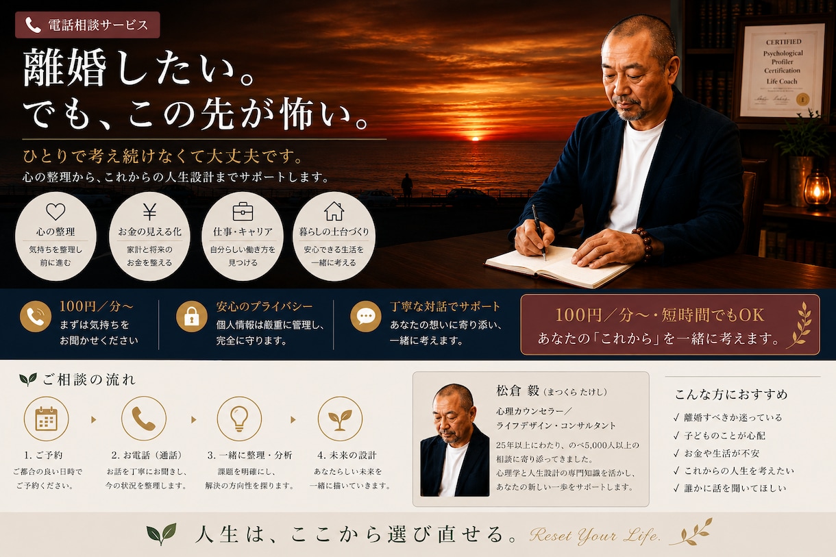 離婚するか迷う気持ちと生活の不安を一緒に整理します 「私が我慢すればいいの？」その迷い、一人で抱えなくて大丈夫 イメージ1