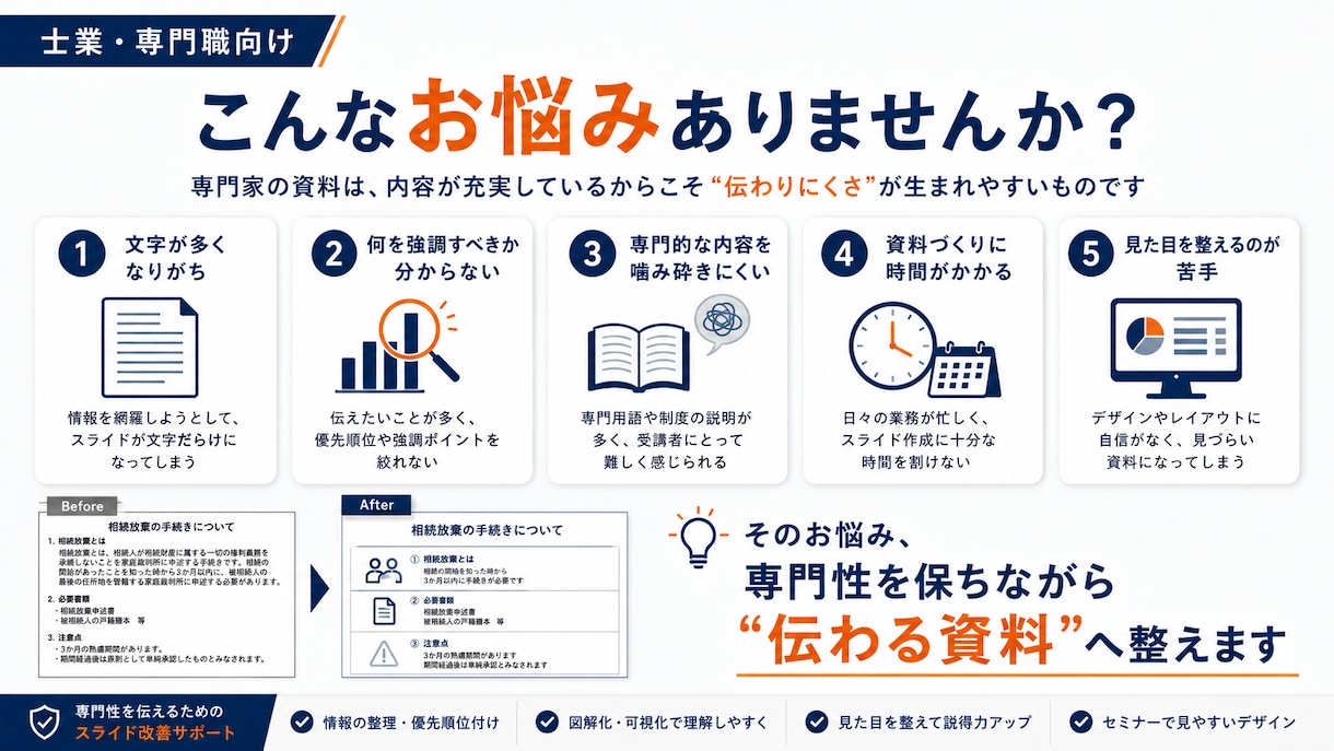 士業・専門職のセミナー資料を見やすく整えます 専門的な内容はそのままに、受講者に伝わるスライドへ イメージ2