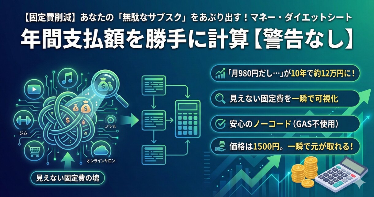 無駄なサブスクを一掃！固定費削減シート渡します 年間支払額を自動計算。家計の贅肉を落とす管理表を提供 イメージ1