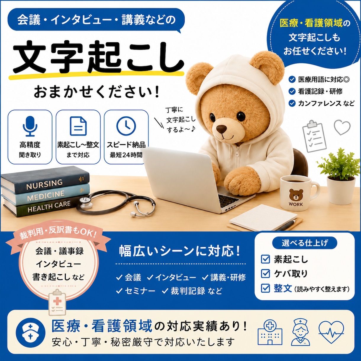 医療・看護特化/最短即日‼文字起こし代行します 【看護師経験あり】高精度文字起こし/医療系の専門用語も対応◎ イメージ1