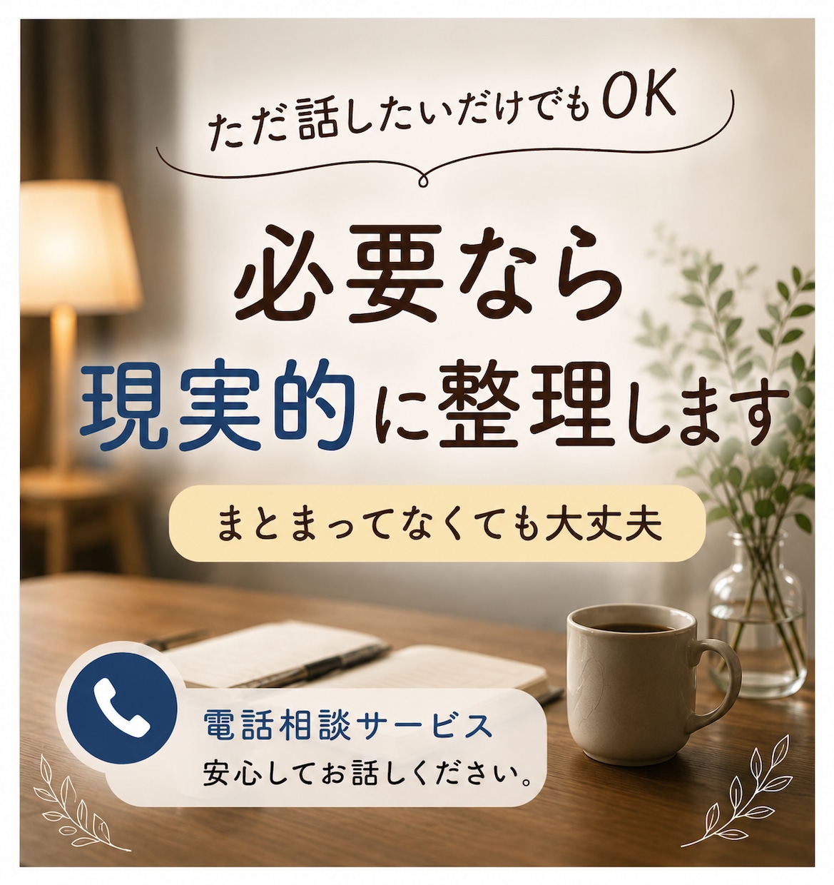 ただ話したいでもOK。必要なら現実的に整理します 聞いてほしいだけでも大丈夫。必要なら一緒に整理します。 イメージ1