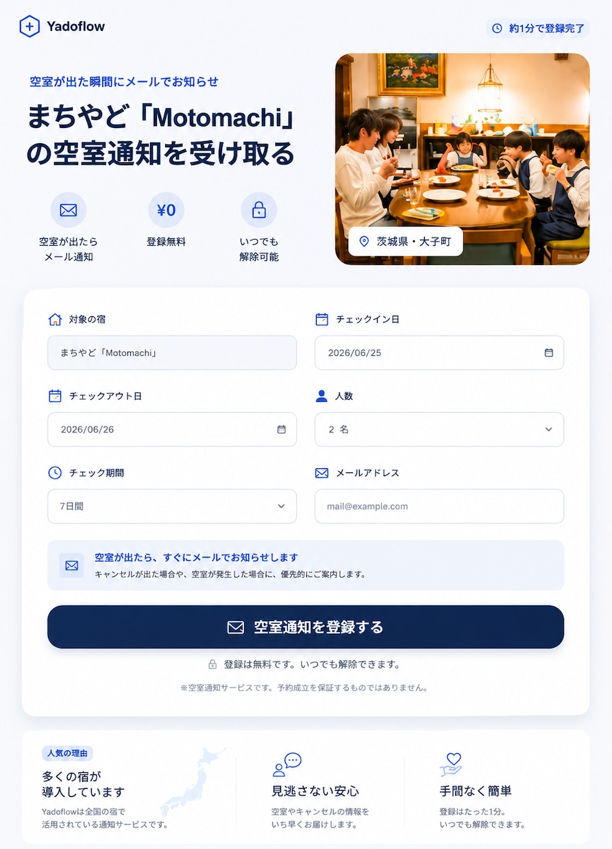自動化で「キャンセル」を売上アップに繋げます 満室で予約がとれなかったお客様に、空室が出たら即時通知します イメージ2