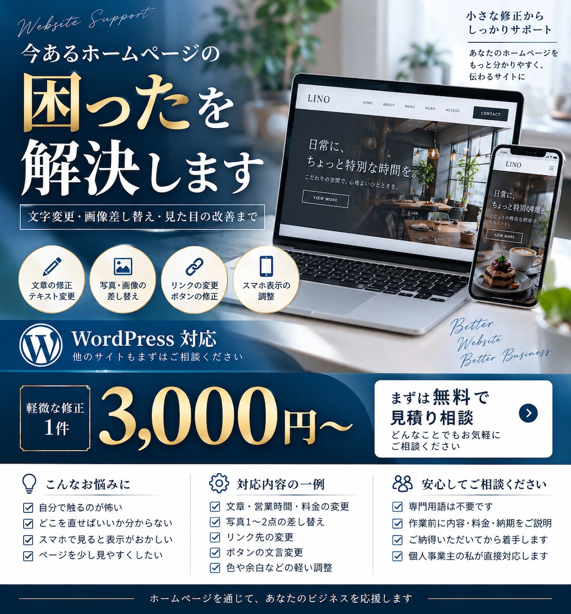 今あるホームページの困ったを修正・改善します 文字変更から見た目の改善まで、相談しながら対応 イメージ1