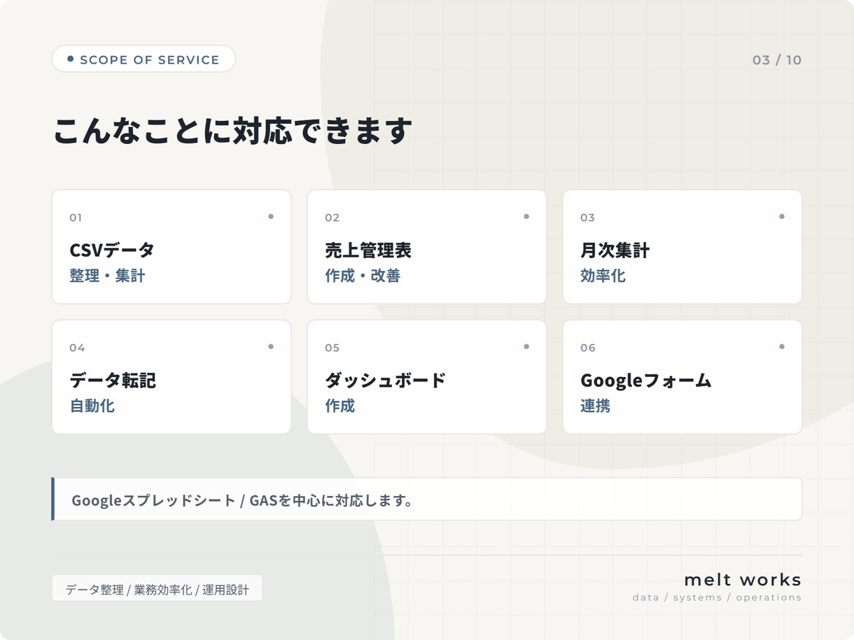 毎月の面倒な集計をスプレッドシートで効率化します CSV整理・売上集計・管理表改善・GAS自動化まで対応します イメージ3