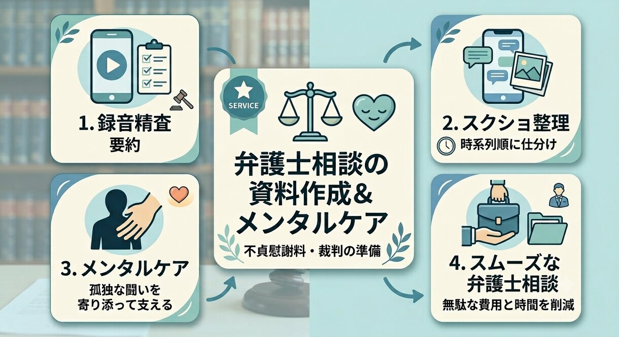 不貞に関するご相談、弁護士への資料作成承ります 不貞慰謝料獲得済、ハラスメントや子供連れ去りで別途裁判 イメージ1
