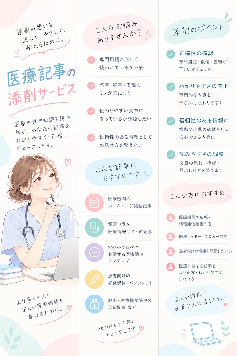 医療記事の内容を現場の声でライティングします お安くライティングし、現場の声をお届けします！ イメージ1