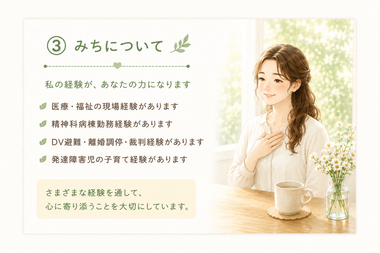 誰にも言えない気持ち、優しくお聞きします DV・離婚・子育ての悩みに寄り添います イメージ4