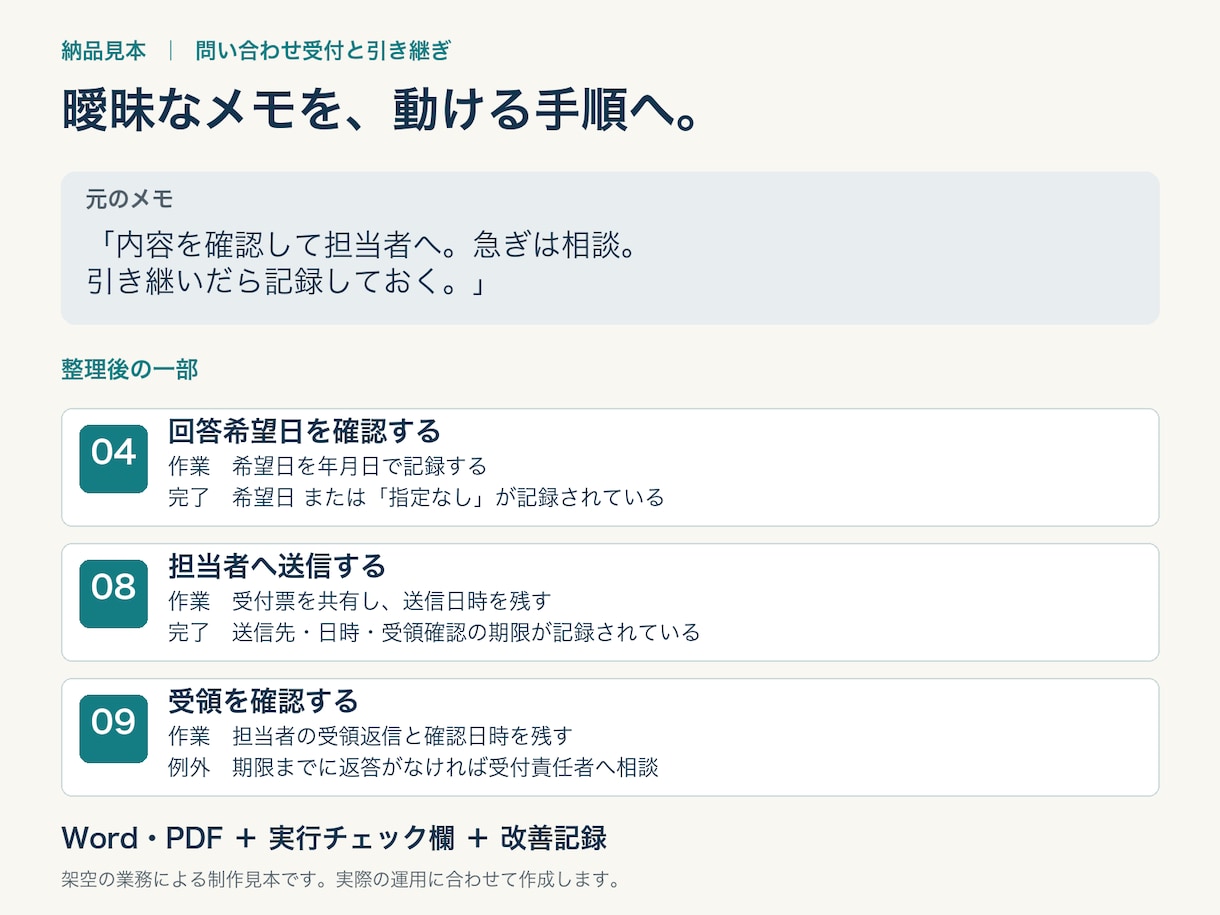 番号で指示できる業務マニュアルを作成します 作業手順と完了基準を整理し、新人教育とミス改善を支援 イメージ2