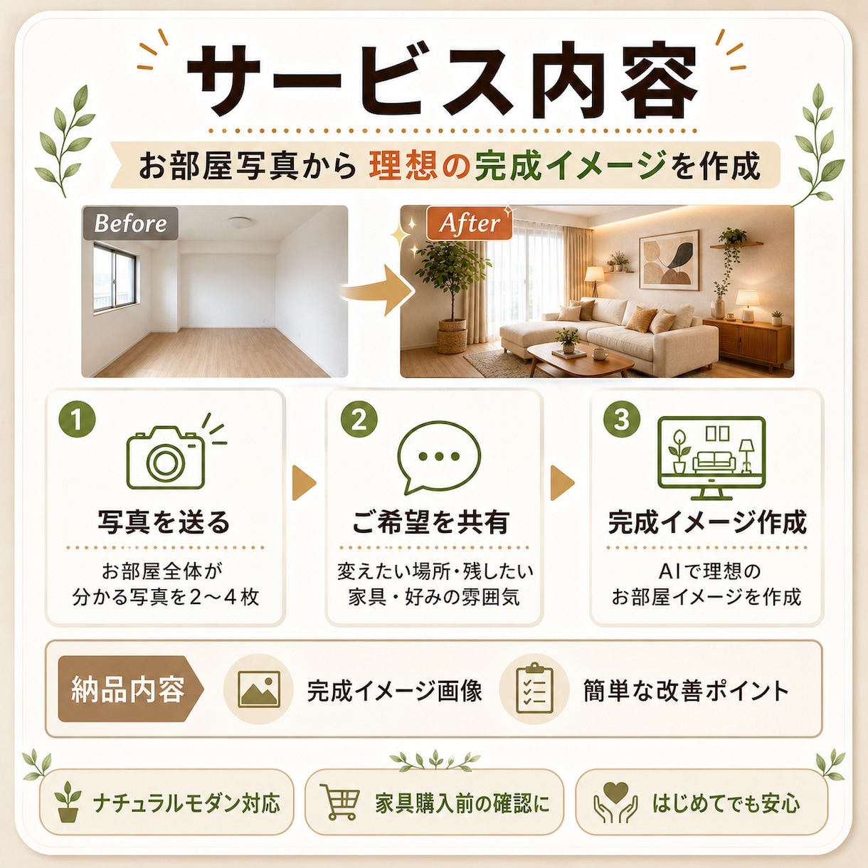お部屋写真から理想のインテリアイメージを作ります （家具を買う前に理想のお部屋を画像で確認） イメージ2
