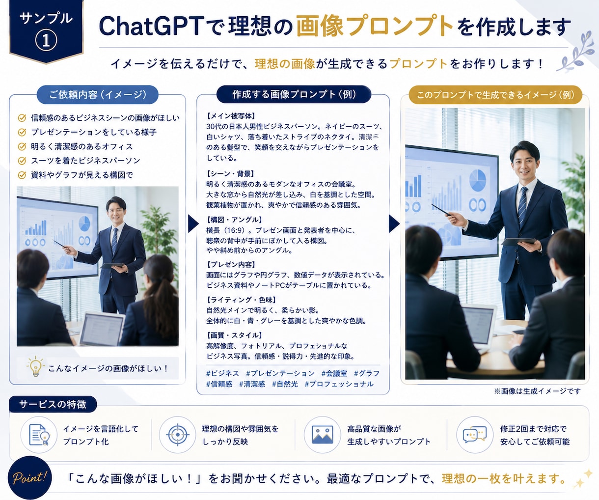 ChatGPTで理想の画像プロンプトを作成します 思い描いた画像に近づく、伝わるプロンプトを丁寧に作成します イメージ2