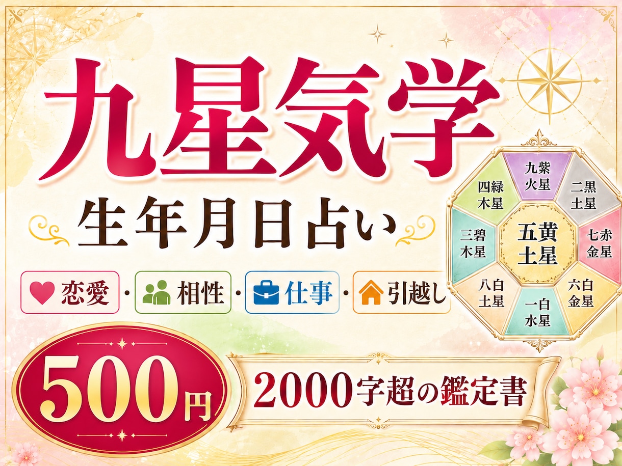 生年月日（九星気学）で恋愛運・仕事運を鑑定します 2000字超の鑑定書をご提供／恋愛・相性・仕事を読み解きます イメージ1