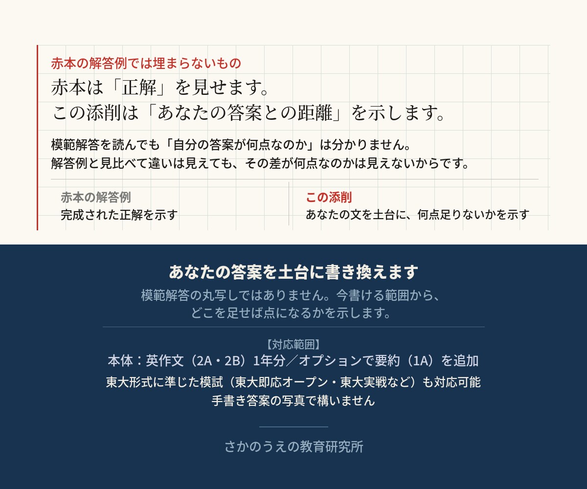 東大英語の要約・英作文を減点理由まで添削します 「なぜ減点されたか」が分かる採点表つきで返します イメージ3
