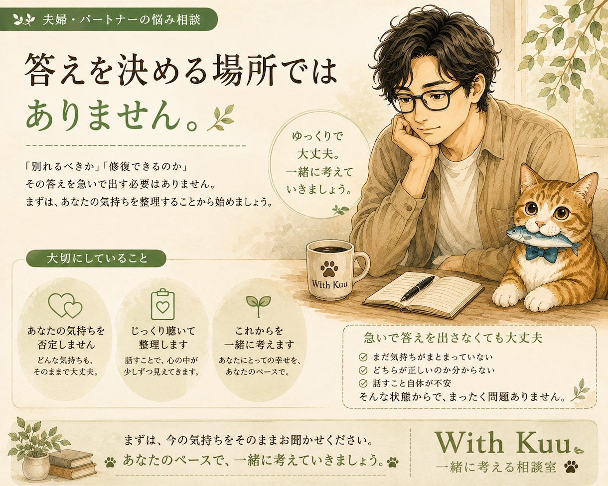 夫婦・パートナーのお悩みをお聴きします 別れたいわけじゃない。でも、このままもでもつらい イメージ5
