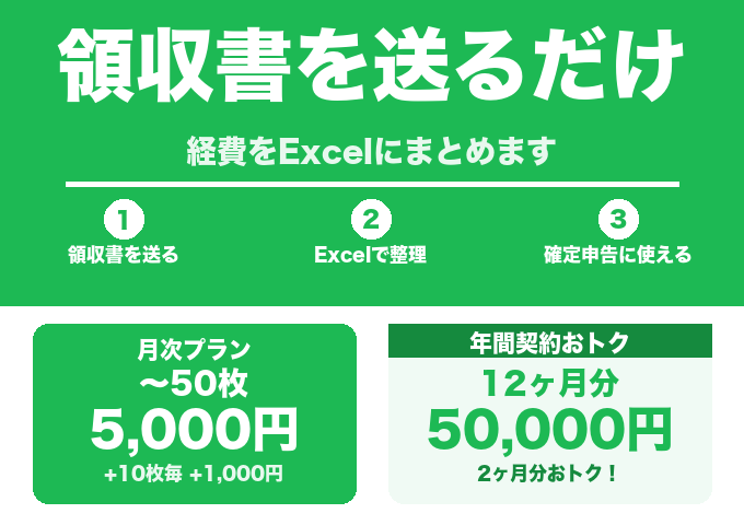 領収書を送るだけ！経費をExcelにまとめます 個人事業主・フリーランスの確定申告準備をお任せください イメージ1