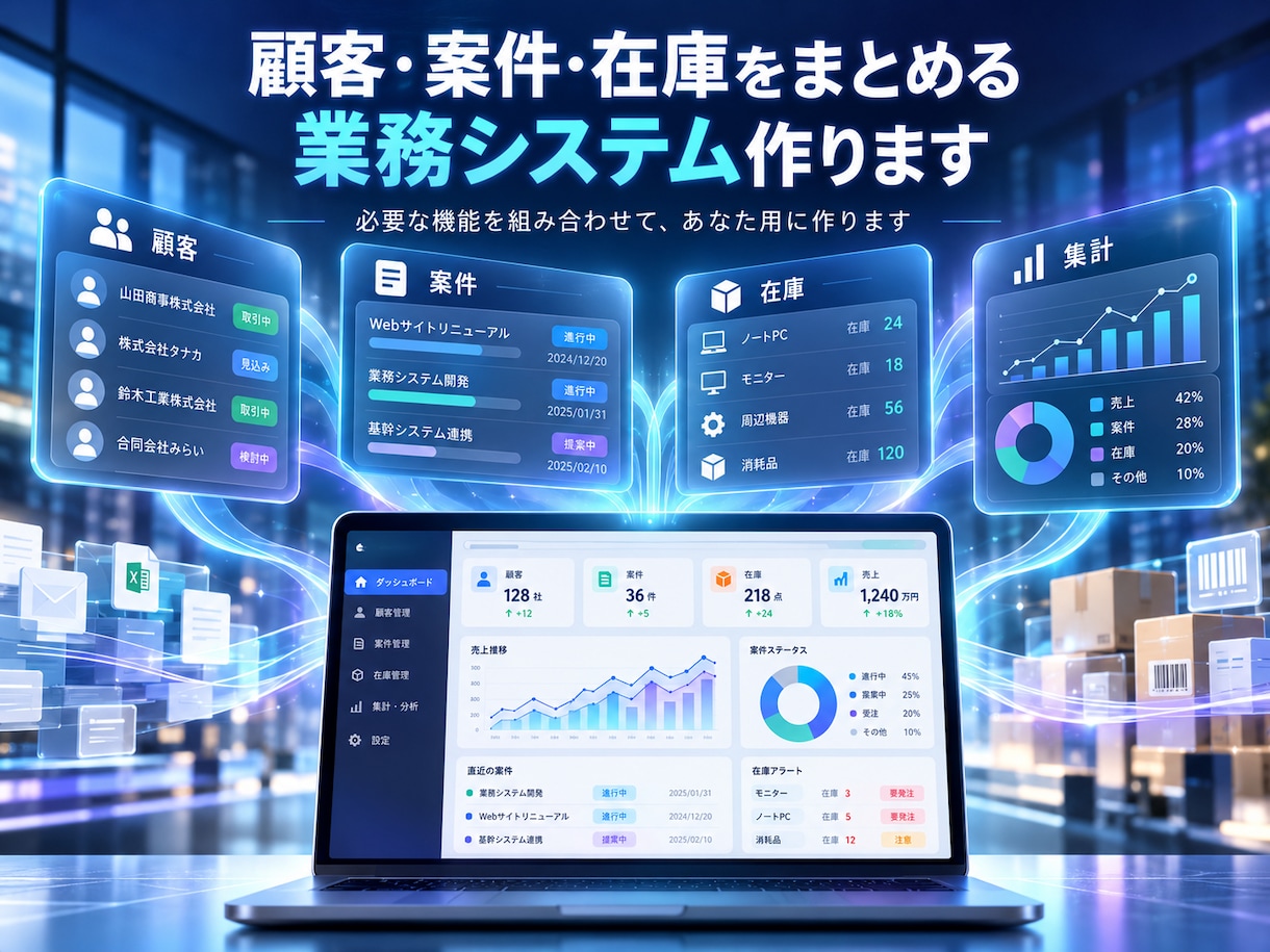 顧客・案件・在庫をまとめる業務システム作ります 必要な機能を組み合わせて、あなた用に作ります イメージ1
