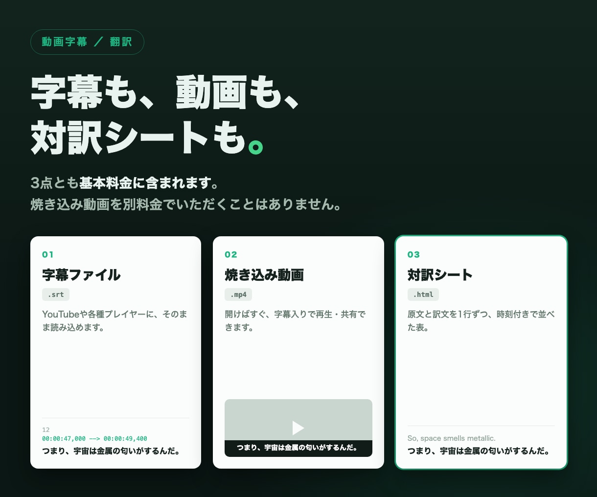 英語・日本語の字幕をつけます｜対訳シート付けます 原文と訳文を並べた対訳シート付き。中身を確認してから使えます イメージ1