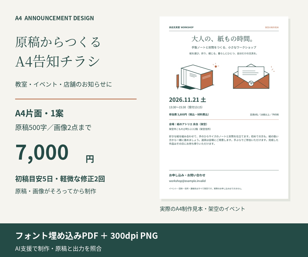 支給原稿でA4イベント告知チラシを作ります 日時・料金・申込先を整理。片面PDFとPNG イメージ1
