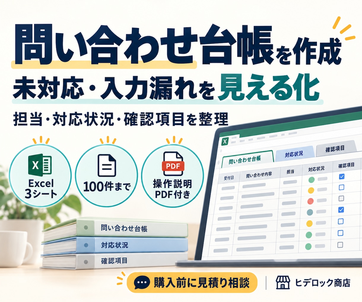 問い合わせの未対応・入力漏れが分かる台帳を作ります 担当・対応状況を整理するExcel台帳と操作説明PDF イメージ1