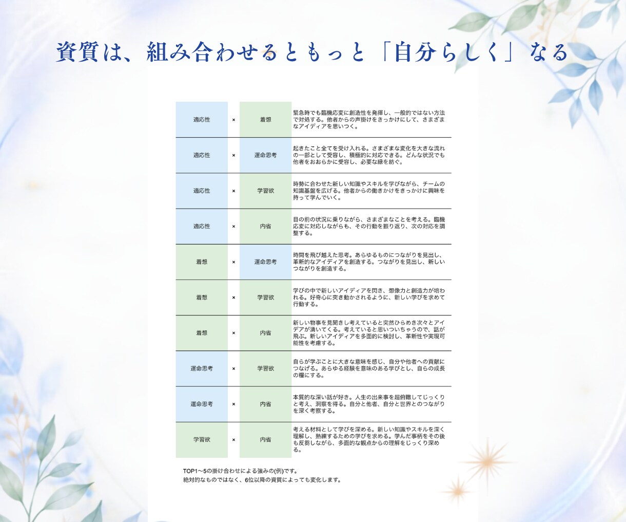 ストレングス34資質から『自分らしさ』を深掘ります 上位資質の掛け合わせまで反映｜あなただけのオリジナルPDF イメージ4