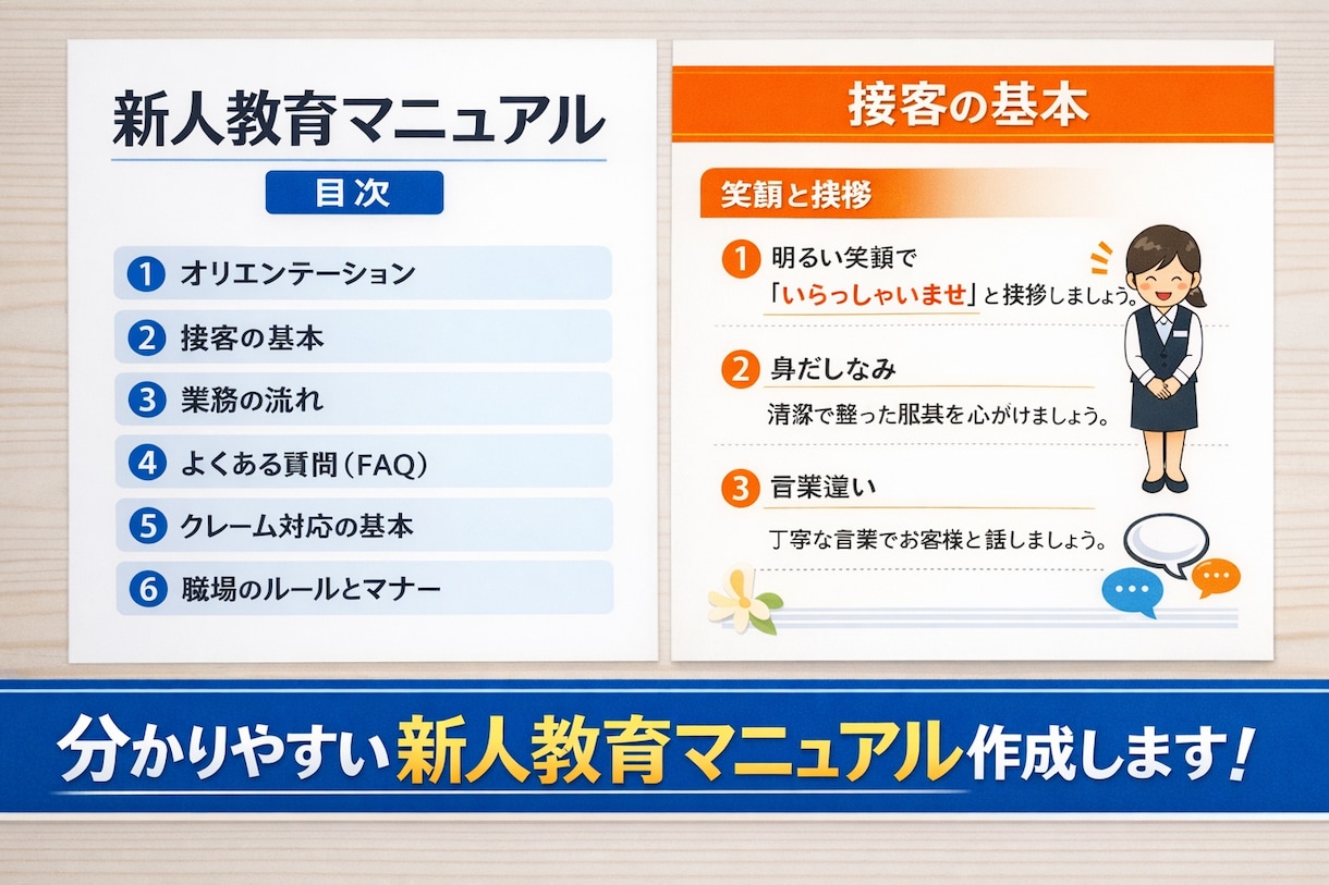 接客業・小売業向け新人教育マニュアルを作成します 新人が“すぐ戦力化”する教育マニュアル作成します。 イメージ1