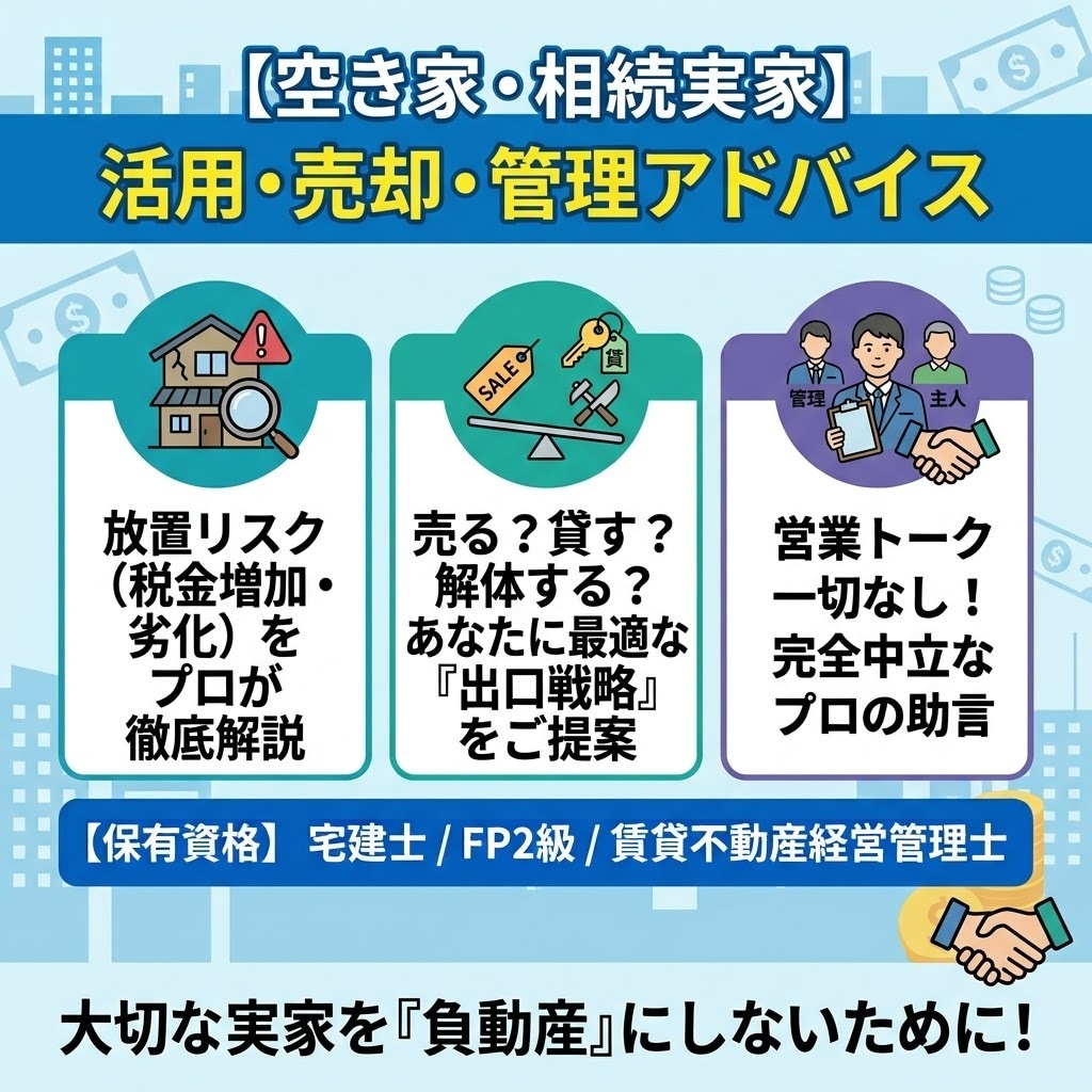 空き家の維持・売却・活用の最適解を提案し⁠ます 放置中の実家や空き家どうする？プロが中立目線で出口戦略を助言 イメージ1
