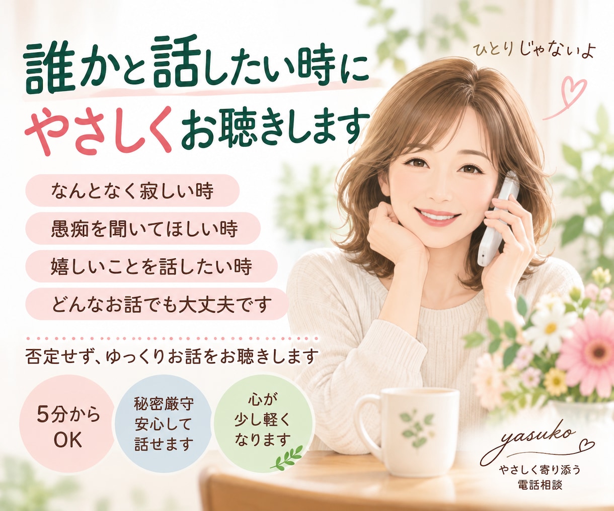 誰かに話したい時やさしくお話をお聴きします 寂しい時も愚痴も否定せずゆっくりお聴きします イメージ1